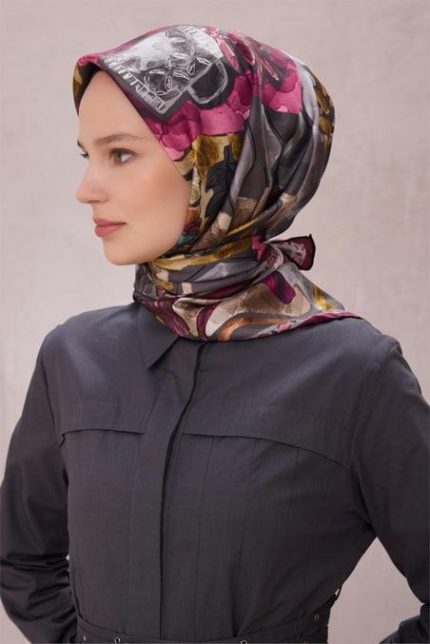 Belli Tivil Saf İpek Eşarp 4216 - 86 Koyu Pembe Soyut Desen