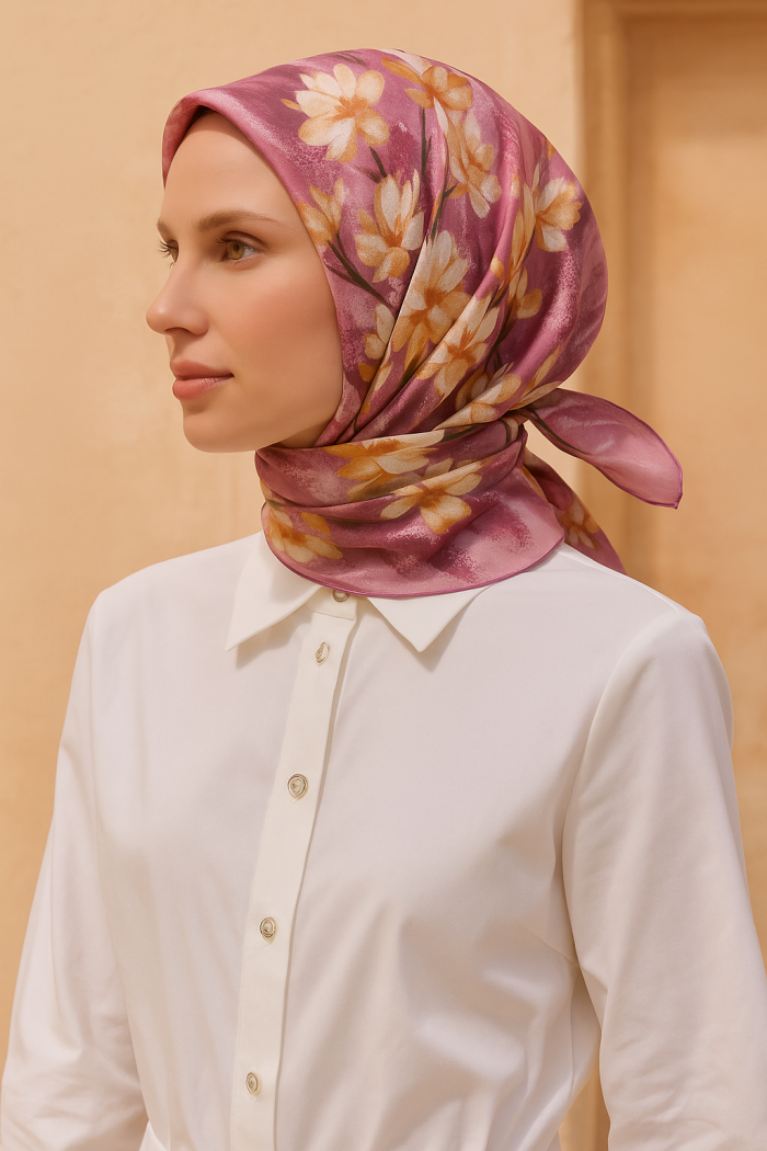 Belli Tivil Saf İpek Eşarp 4217 - 04 Pembe Çiçek Desen - Görsel 1