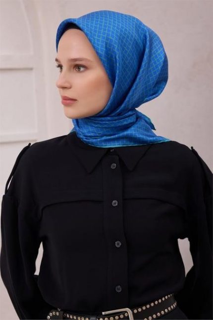 Belli Tivil Saf İpek Eşarp 4203 - 36 Mavi Geometrik Desen