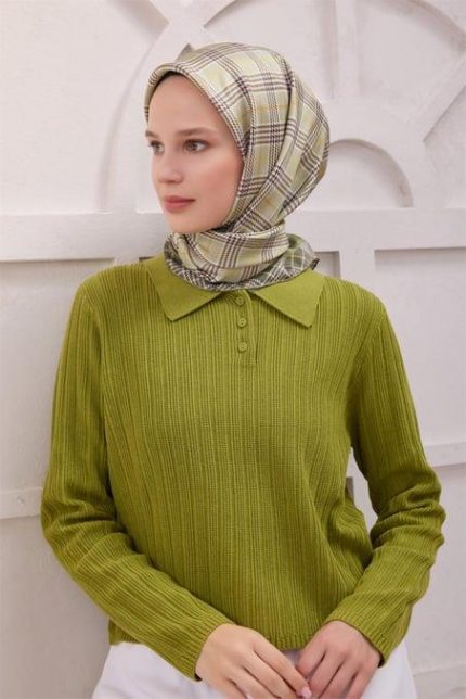 Belli Tivil Saf İpek Eşarp 4218 - 55 Yeşil Ekose Desen