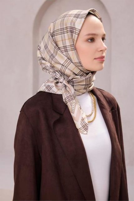 Belli Tivil Saf İpek Eşarp 4218 - 37 Krem Ekose Desen
