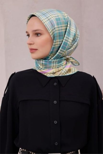 Belli Tivil Saf İpek Eşarp 4218 - 83 Mavi Ekose Desen