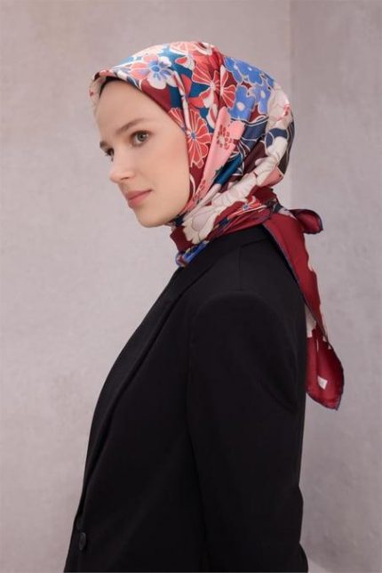 Belli Tivil Saf İpek Eşarp 4220 - 36 Koyu Bordo Çiçek Desen