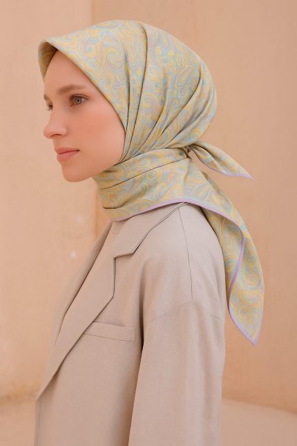 Belli Tivil Saf İpek Eşarp 4222 - 51 Sarı Soyut Desen