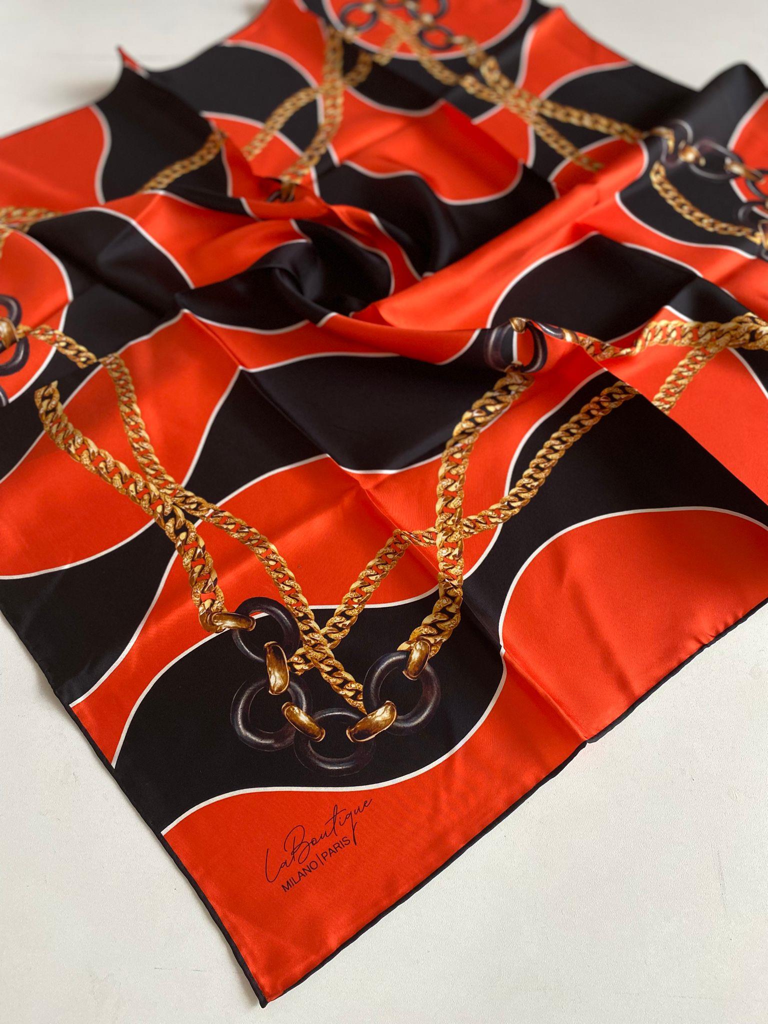 la-boutique-az-hatali-tivil-saf-ipek-e-0084a9 La Boutique Az Hatalı Tivil Saf İpek Eşarp 51045 Turuncu Karışık Desen - Görsel 1