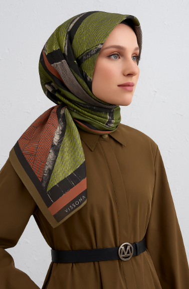 Vissona Tivil İpek Eşarp 16170 - 0037 - 0014 Yeşil Kırçıllı Desen