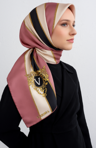 Vissona Tivil İpek Eşarp 16287 - 0019 - 0001 Pembe Siyah Çizgi Desen