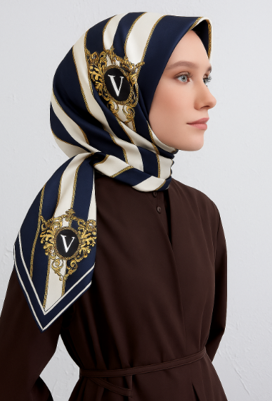 Vissona Tivil İpek Eşarp 16287 - 0033 - 0003 Lacivert Krem Çizgi Desen