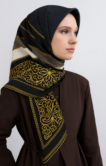 Vissona Tivil İpek Eşarp 17080 - 5 - 0010 - 0001 Siyah Sarı Zincir Desen