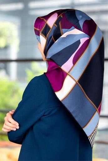Vissona Tivil İpek Eşarp 17428 - 0031 - 0026 Mavi Pembe Geometrik Desen