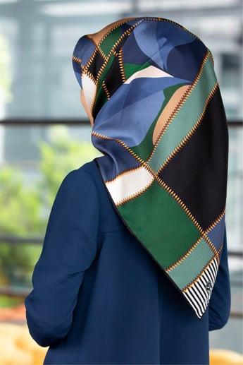 Vissona Tivil İpek Eşarp 17428 - 0036 - 0031 Yeşil Mavi Geometrik Desen