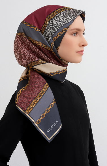 Vissona Tivil İpek Eşarp 17501 - 0019 - 0028 Pudra Gri Zincir Desen