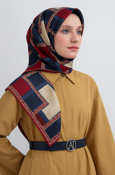 Vissona Tivil İpek Eşarp 17526 - 4 - 0017 - 0033 Lacivert Krem Etnik Desen
