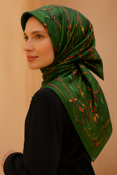 Vissona Tivil İpek Eşarp 17558 - 14 - 0037 - 0025 Haki Zincir Desen