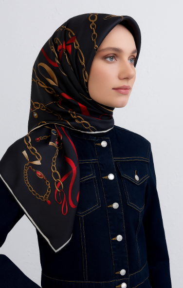 Vissona Tivil İpek Eşarp 17558 - 9 - 0029 Koyu Füme Zincir Desen