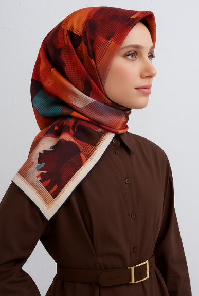 Vissona Tivil İpek Eşarp 50128 - 0018 - 0001 Turuncu Siyah Armürlü Desen