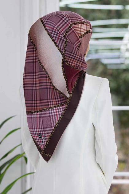 Vissona Tivil İpek Eşarp 50786 - 6 - 0020 - 0005 Gül Kurusu Ekose Desen