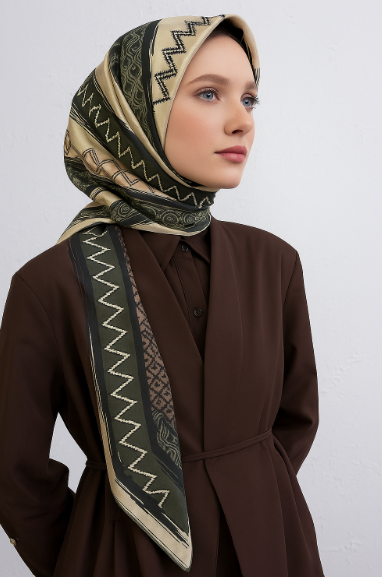 Vissona Tivil İpek Eşarp 50935 - 4 - 0006 - 0301 Gri Yeşil Soyut Desen