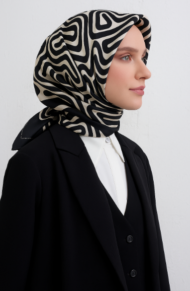 Vissona Tivil İpek Eşarp 51373 - 1 - 0001 - 0003 Siyah Beyaz Zebra Desen