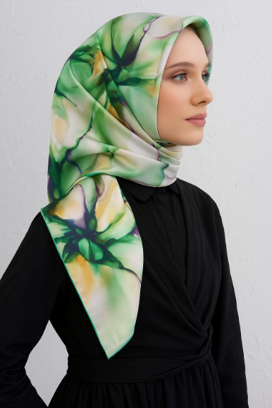 Vissona Tivil İpek Eşarp 514215 - 0035 - 0022 Benetton Yeşili Sulu Boya Desen