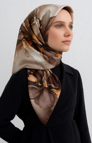 Vissona Tivil İpek Eşarp 51620 - 2 - 0007 - 0003 Kahverengi Soyut Desen