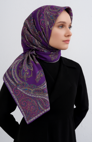 Vissona Tivil İpek Eşarp 60777 - 50939 Koyu Mor Etnik Desen