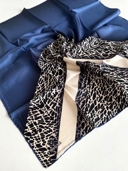 Vissona Tivil İpek Eşarp 7328 - 0031 Lacivert  Krem Geometrik Desen