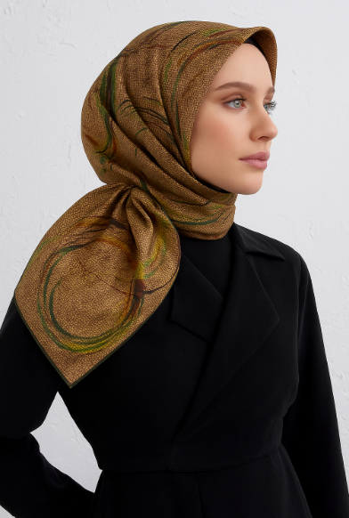 Vissona Tivil İpek Eşarp 7405 - 0003 - 0037 Yeşil Kahverengi Kırçıllı Desen