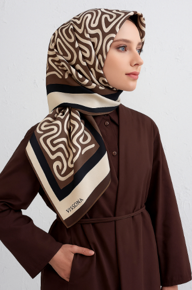 Vissona Twill İpek Eşarp 51373 - 2 - 0001 - 0005 Siyah Vizon Soyut Desen